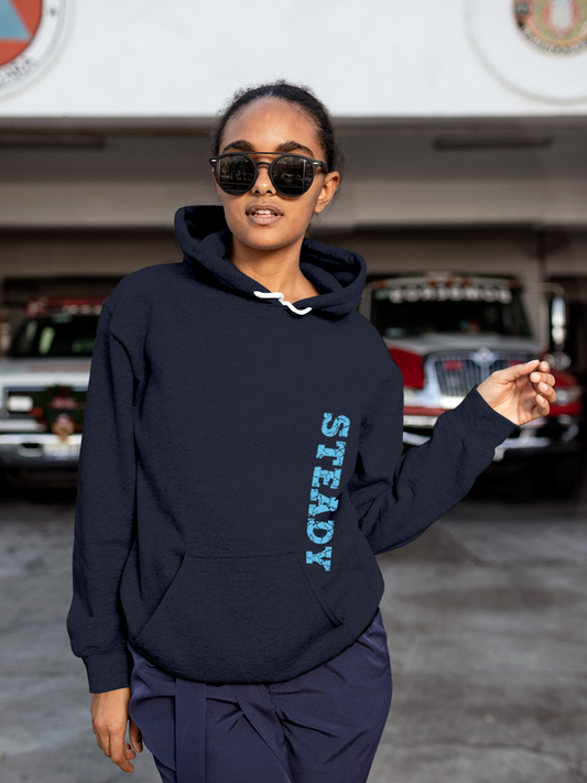 Fighterhero Hoodie Collection: Model wearing Women's Navy Blue Hoodie Sweatshirt with 'Steady' design
