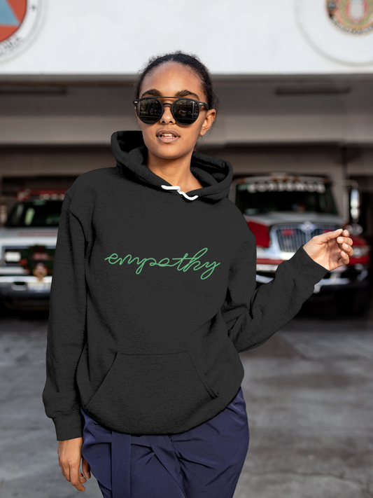 Fighterhero Hoodie Collection: Model wearing Women's Charcoal Grey Hoodie Sweatshirt with 'Empathy' design