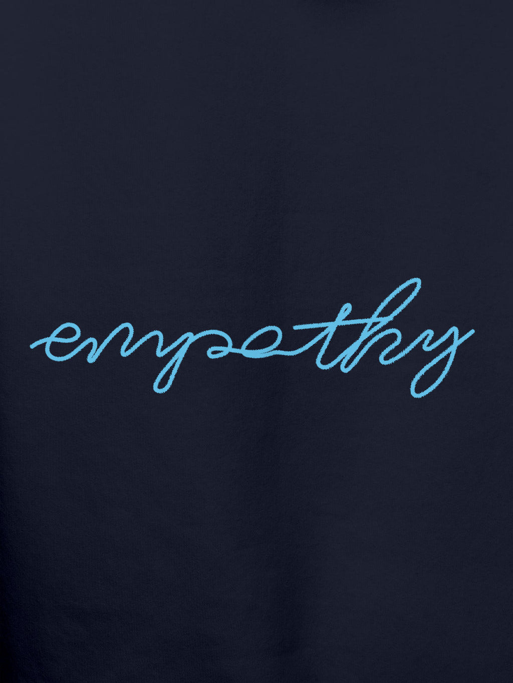 Close up of 'Empathy' design on Men's Navy Blue Hoodie Sweatshirt, highlighting intricate details and vibrant print.