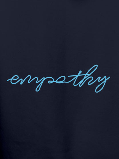 Close up of 'Empathy' design on Men's Navy Blue Hoodie Sweatshirt, highlighting intricate details and vibrant print.