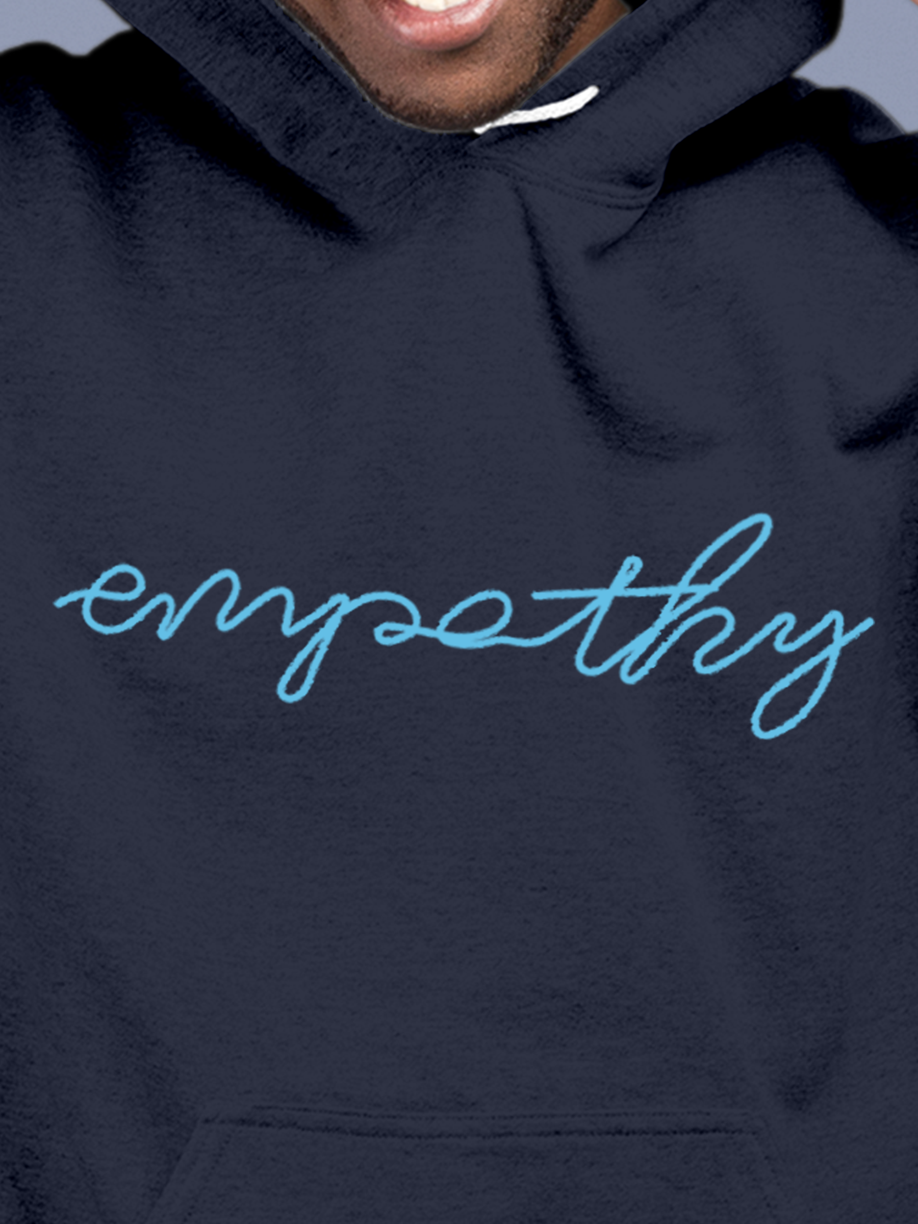 Close up of 'Empathy' design on Men's Navy Blue Hoodie Sweatshirt, highlighting intricate details and vibrant print.
