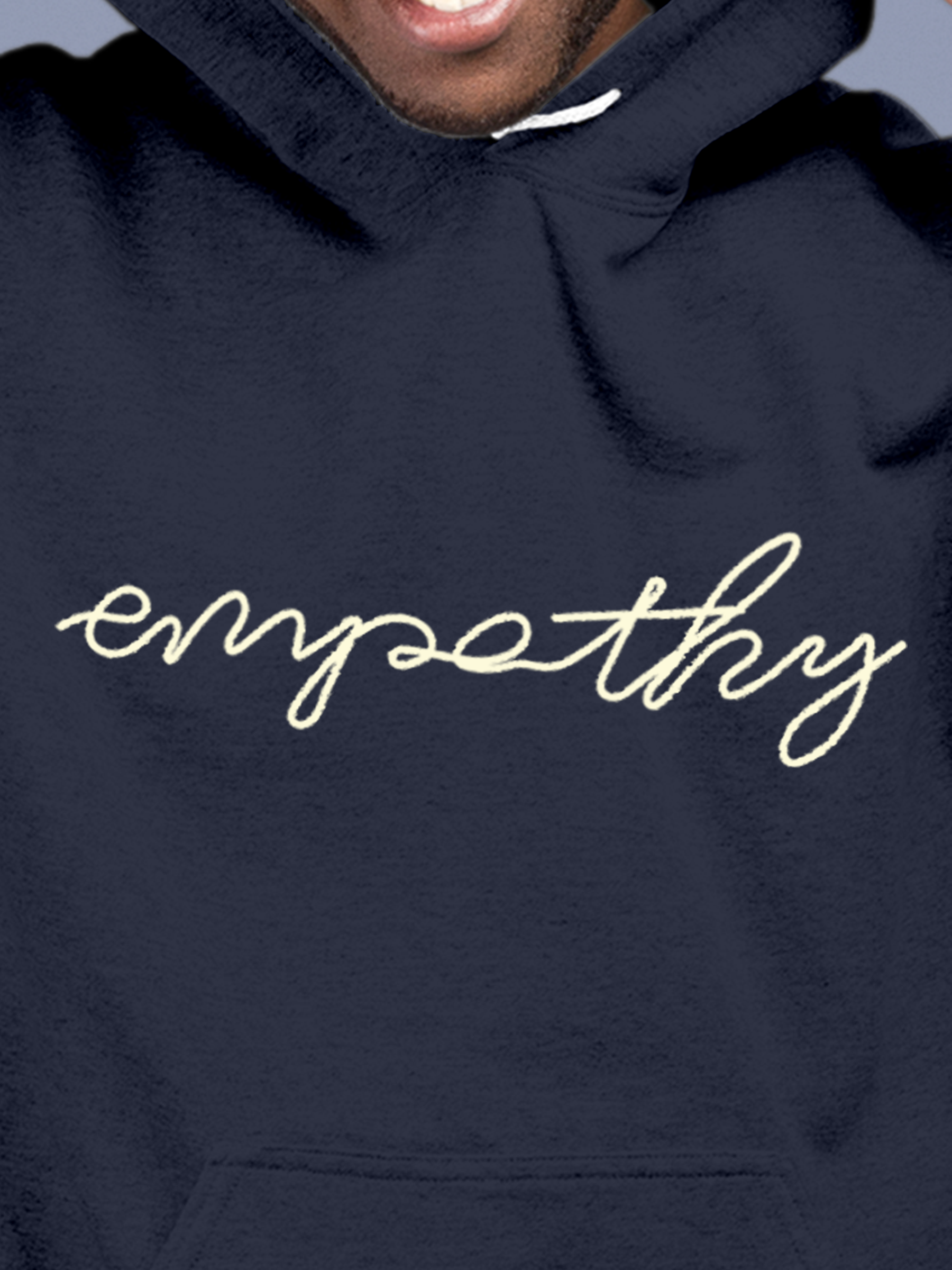 Close up of 'Empathy' design on Men's Navy Blue Hoodie Sweatshirt, highlighting intricate details and vibrant print.