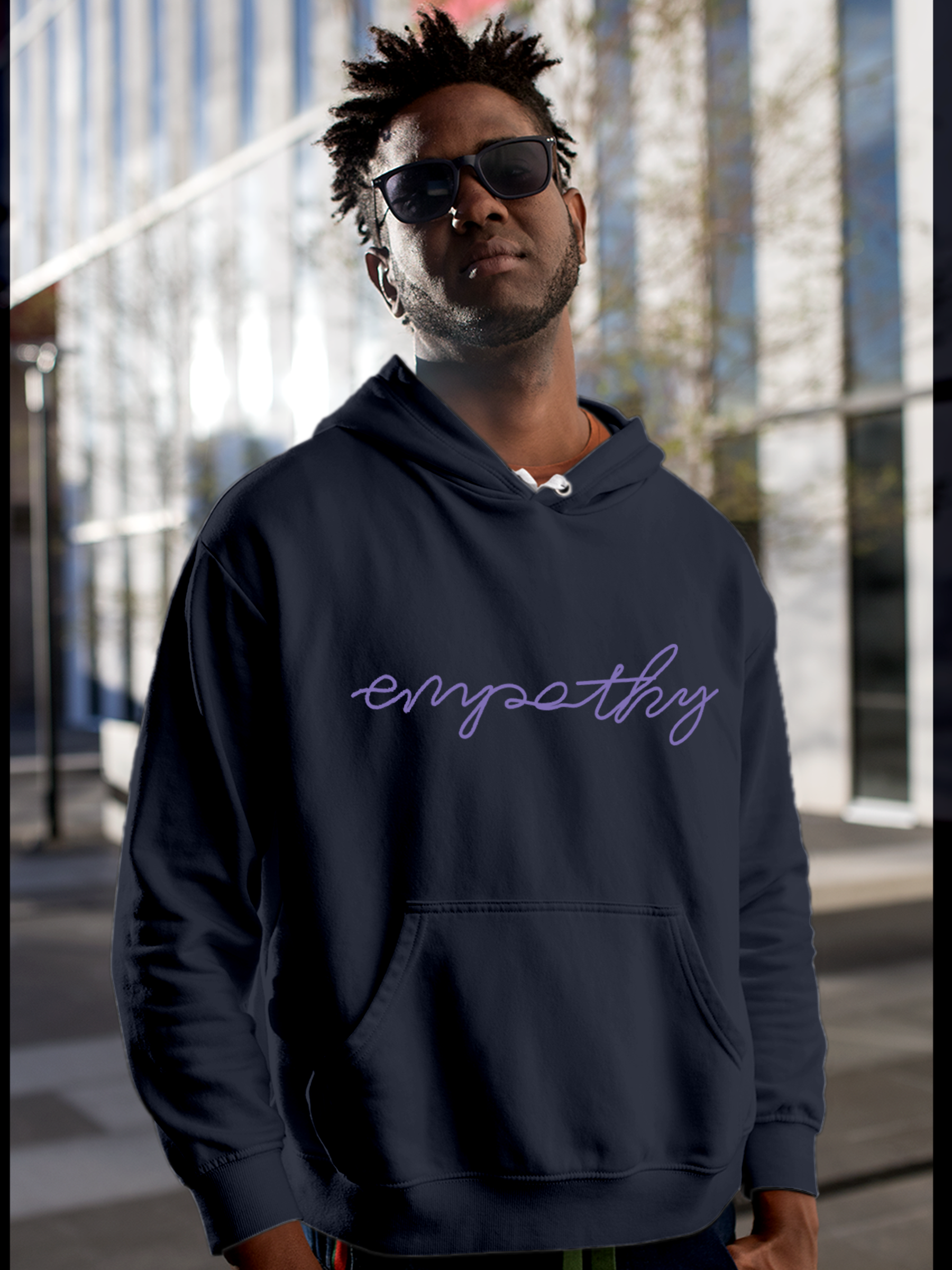 Model wearing Men's Navy Blue Hoodie Sweatshirt with 'Empathy' design, offering effortless style and premium comfort