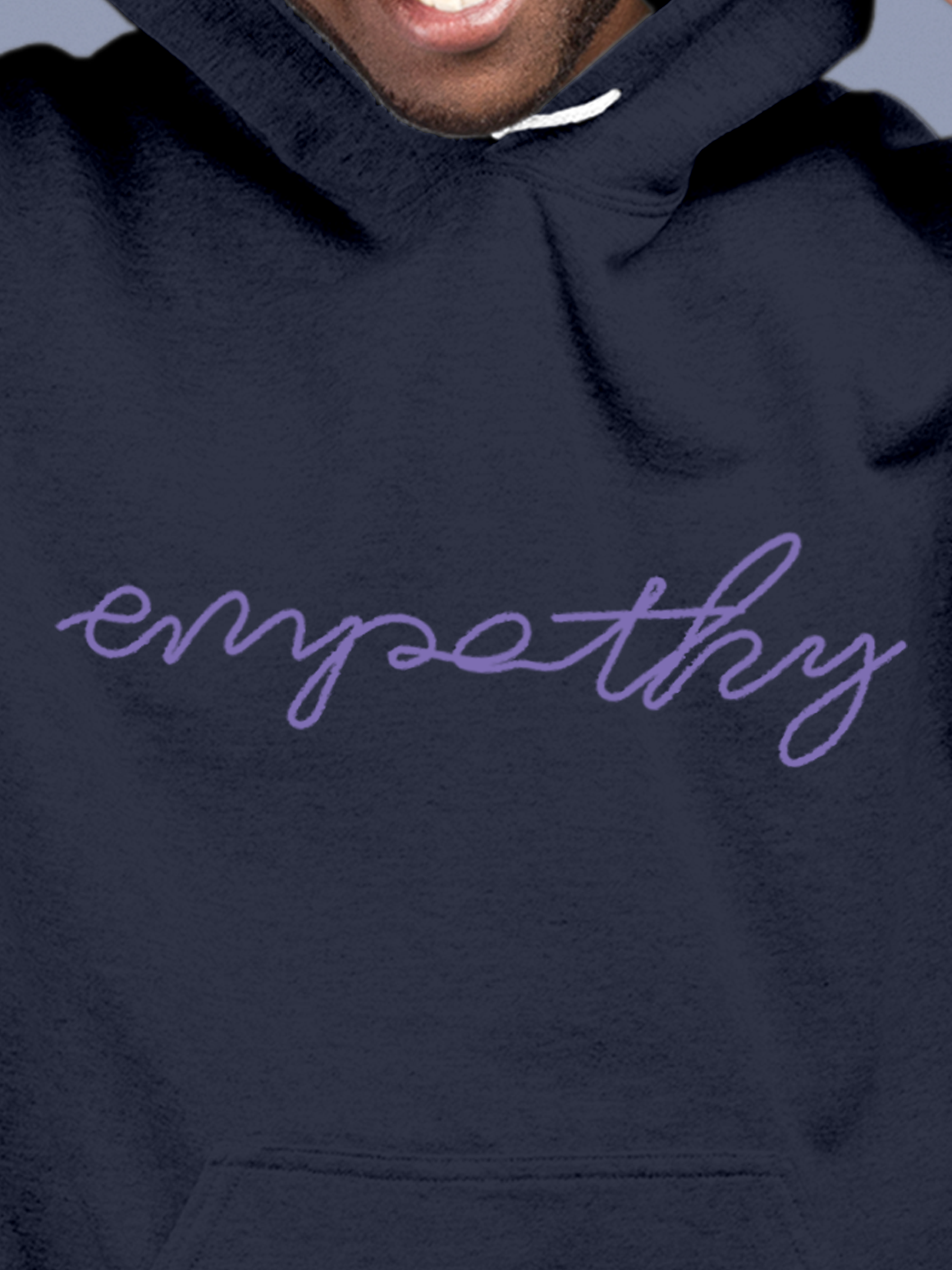 Close up of 'Empathy' design on Men's Navy Blue Hoodie Sweatshirt, highlighting intricate details and vibrant print.