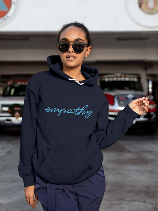 Fighterhero Hoodie Collection: Model wearing Women's Navy Blue Hoodie Sweatshirt with 'Empathy' design