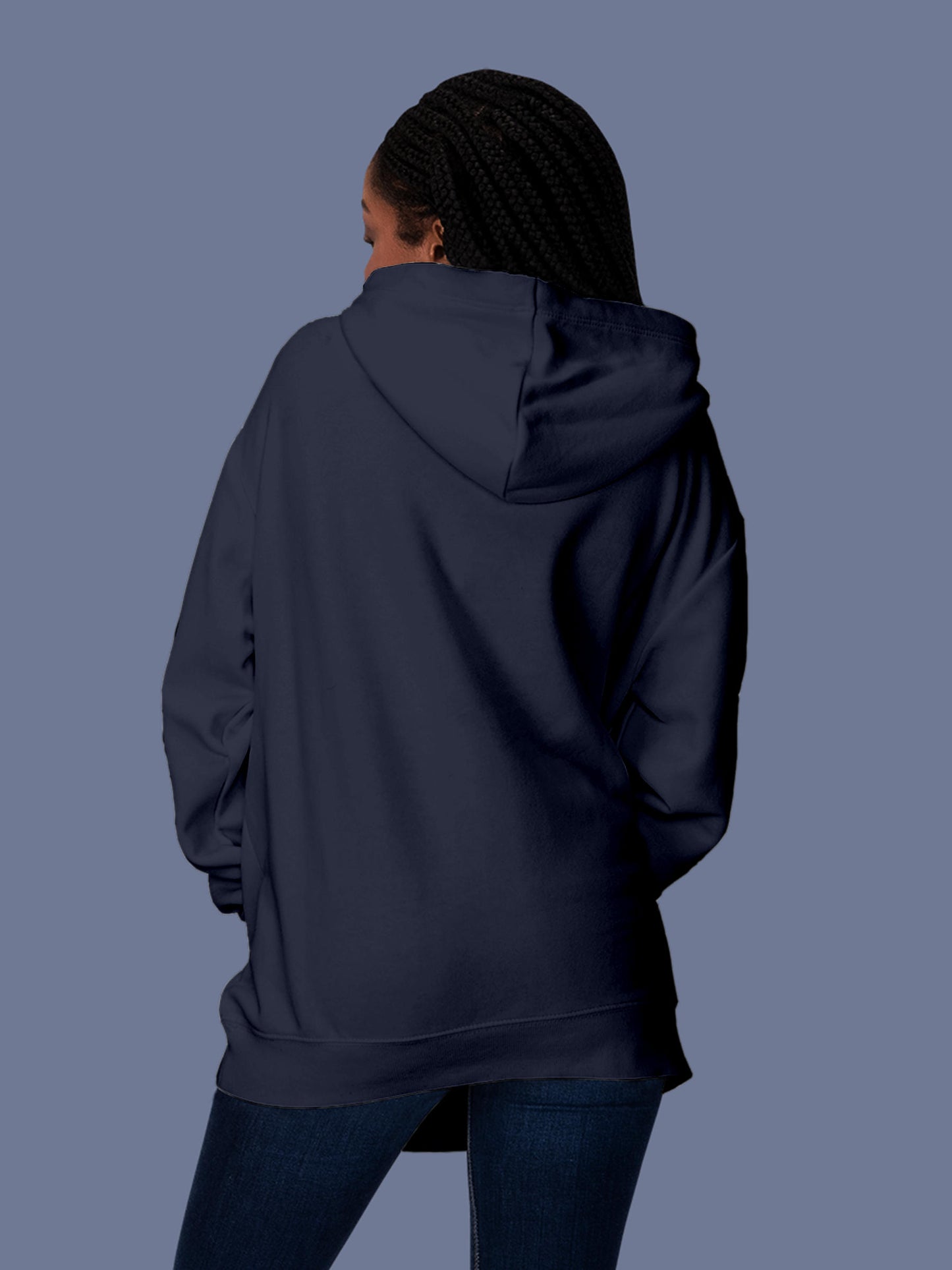 Back view of Fighterhero Women's Navy Blue Hoodie Sweatshirt, highlighting the modern look and clean finish