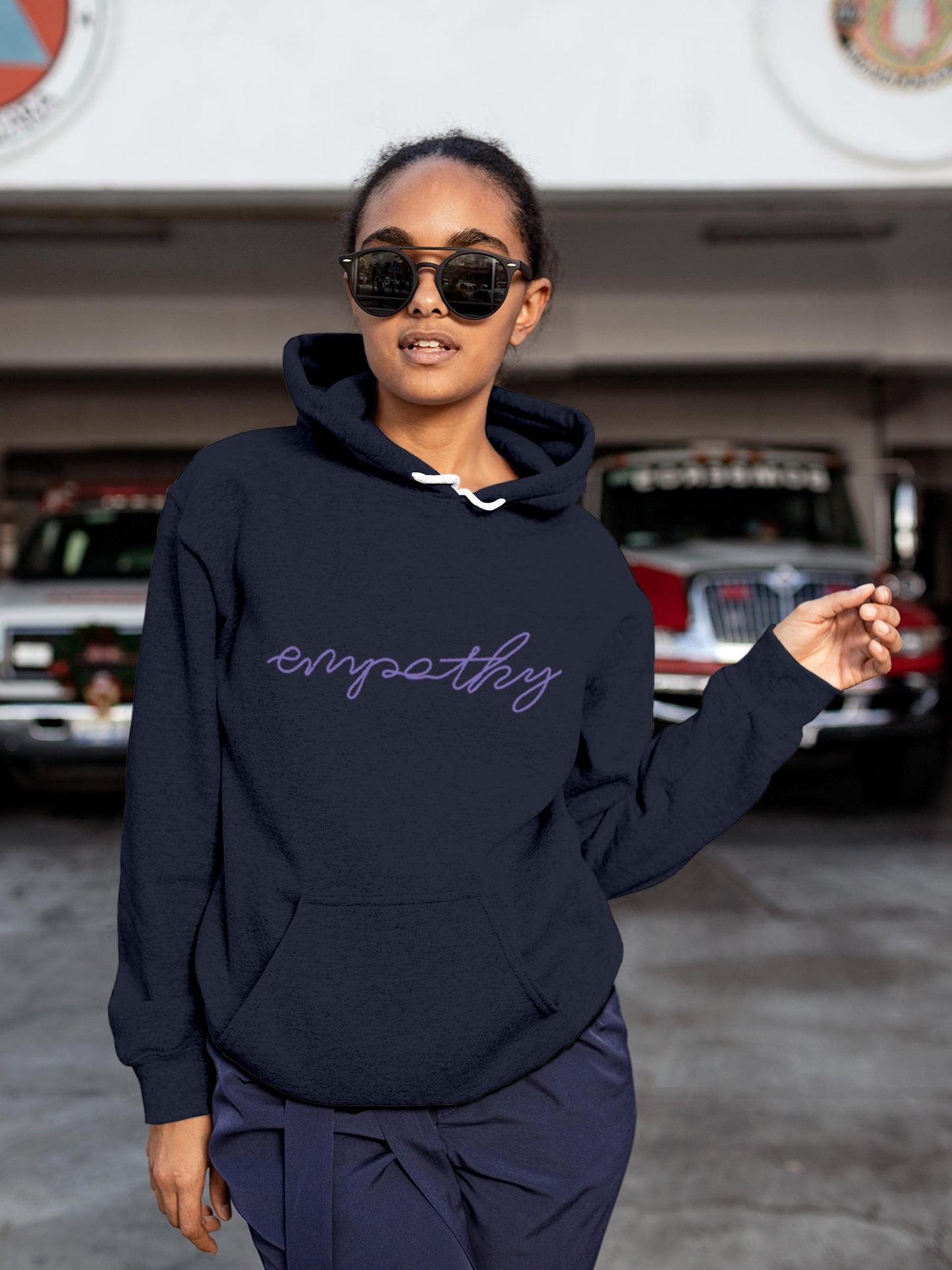 Model wearing Women's Navy Blue Hoodie Sweatshirt with 'Empathy' design, offering effortless style and premium comfort