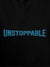 Close up of 'Unstoppable' design on Men's Black Hoodie Sweatshirt, highlighting intricate details and vibrant print.