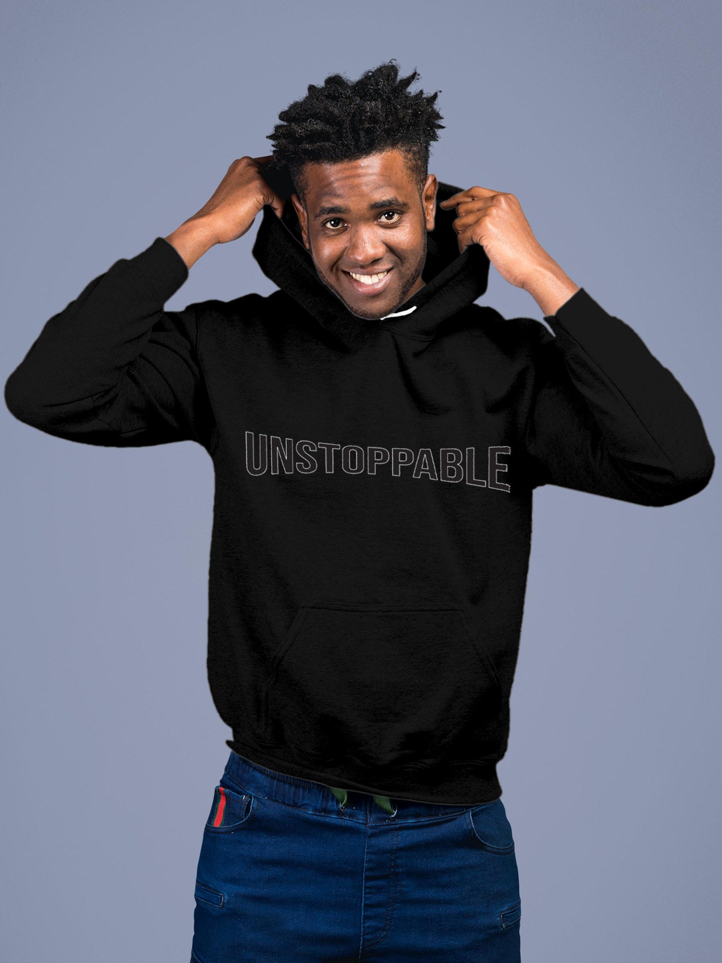 Model wearing Men's Black Hoodie Sweatshirt with 'Unstoppable' design, offering effortless style and premium comfort