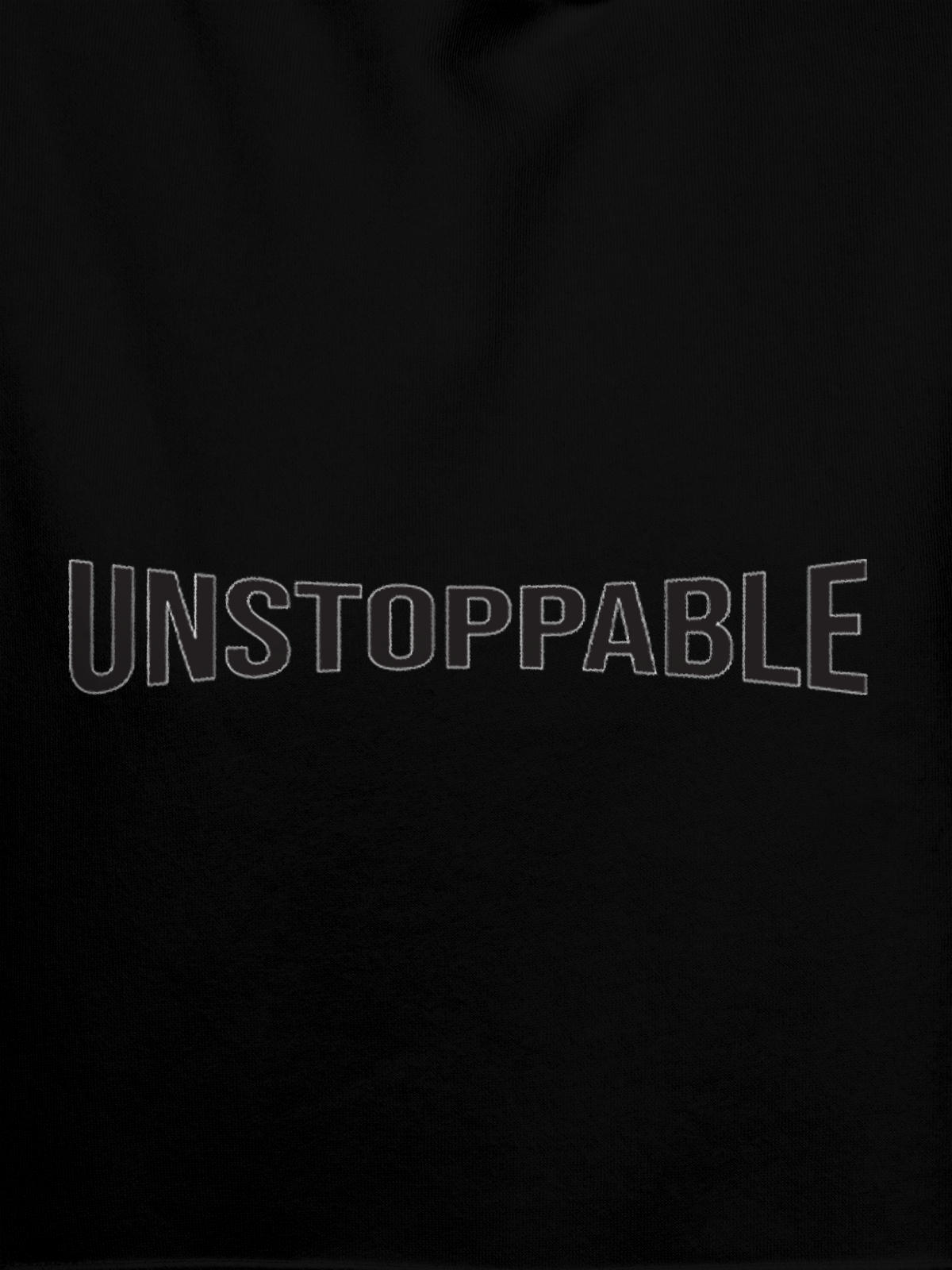 Close up of 'Unstoppable' design on Men's Black Hoodie Sweatshirt, highlighting intricate details and vibrant print.