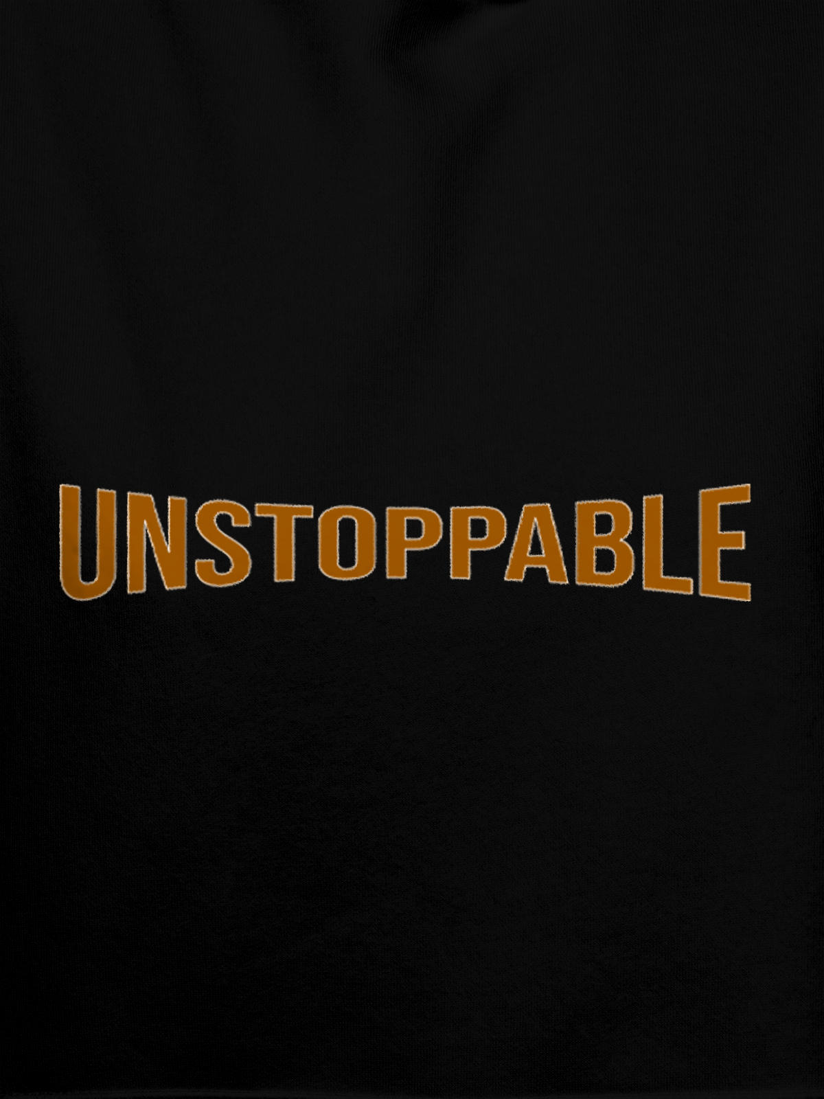 Close up of 'Unstoppable' design on Men's Black Hoodie Sweatshirt, highlighting intricate details and vibrant print.