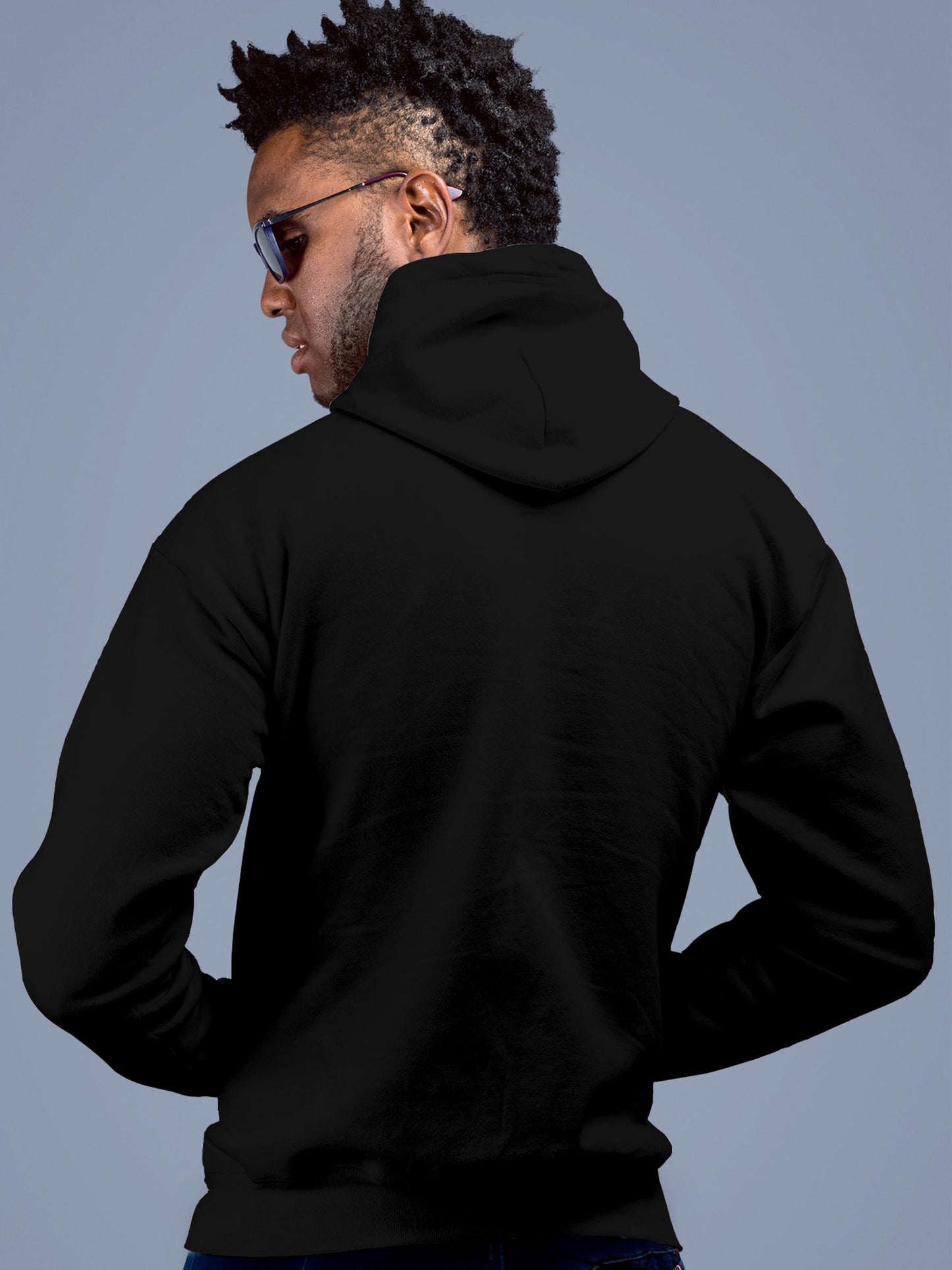 Back view of Fighterhero Men's Black Hoodie Sweatshirt, highlighting the modern look and clean finish