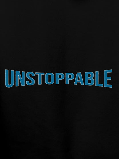 Close up of 'Unstoppable' design on Women's Black Hoodie Sweatshirt, highlighting intricate details and vibrant print.