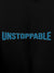 Close up of 'Unstoppable' design on Women's Black Hoodie Sweatshirt, highlighting intricate details and vibrant print.