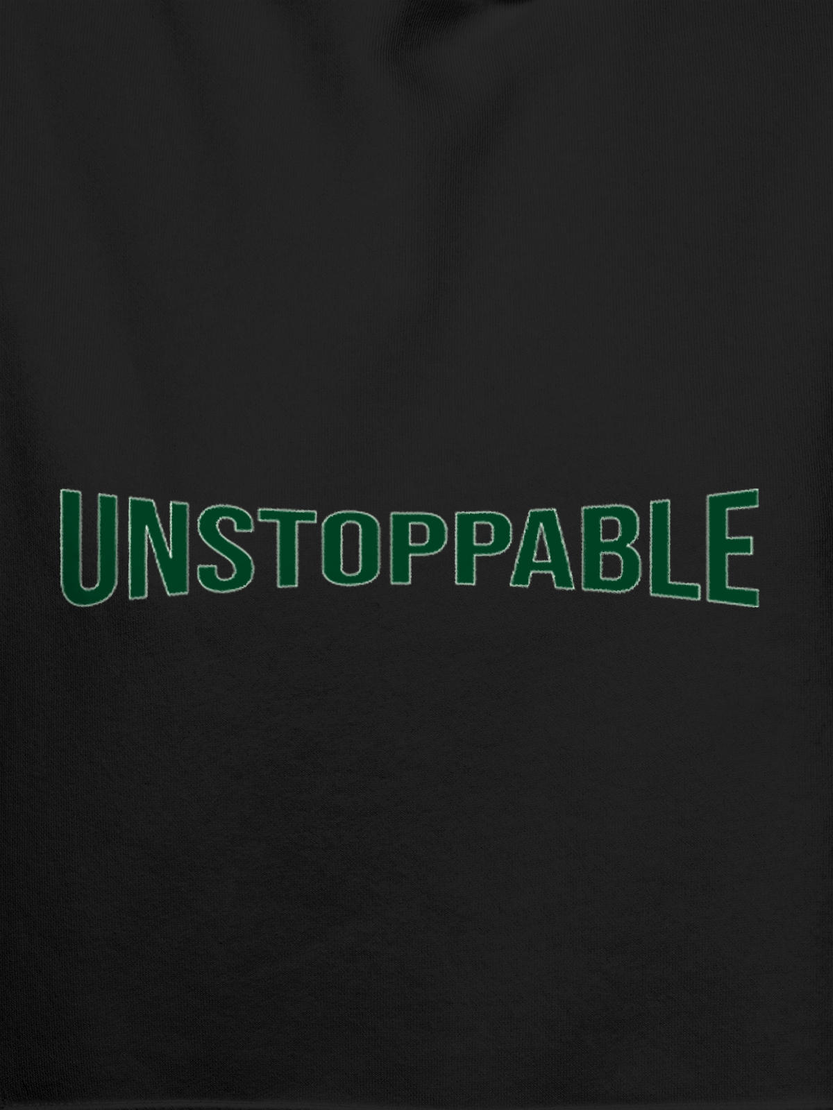 Close up of 'Unstoppable' design on Men's Dark Grey Hoodie Sweatshirt, highlighting intricate details and vibrant print.