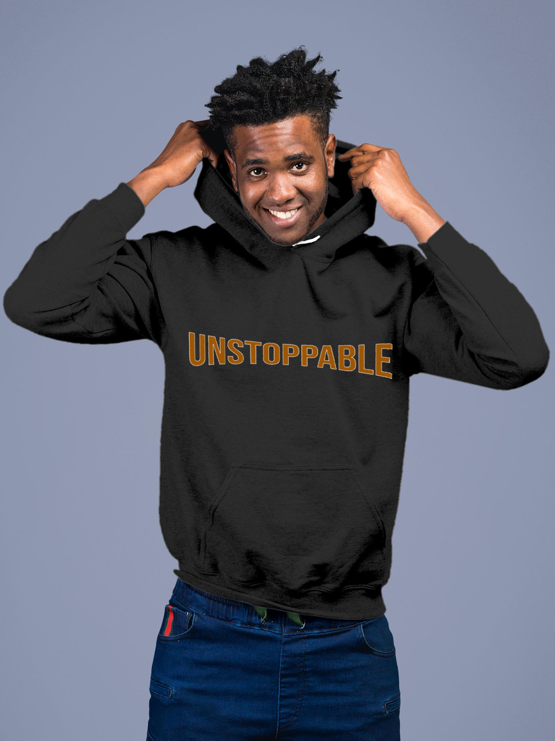Model wearing Men's Dark Grey Hoodie Sweatshirt with 'Unstoppable' design, offering effortless style and premium comfort