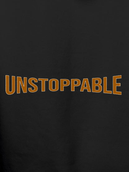 Close up of 'Unstoppable' design on Women's Dark Grey Hoodie Sweatshirt, highlighting intricate details and vibrant print.