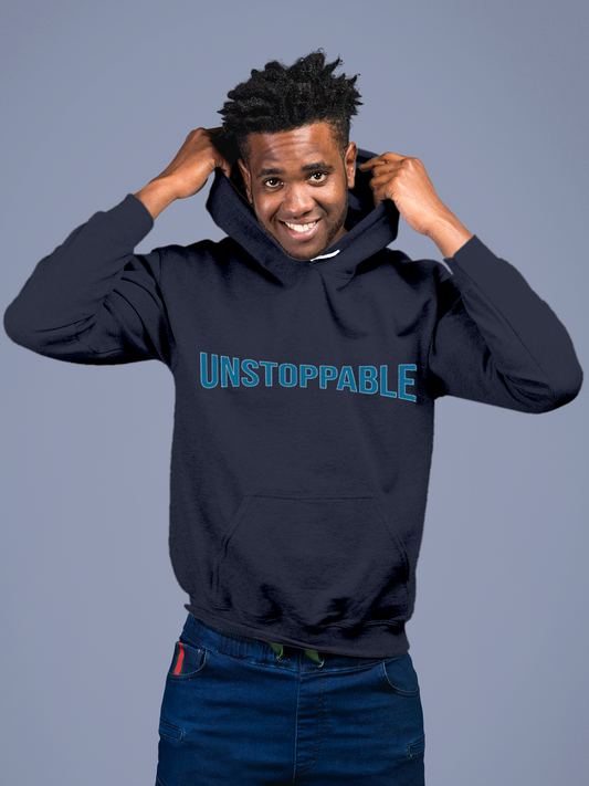 Fighterhero Hoodie Collection: Model wearing Men's Navy Blue Hoodie Sweatshirt with 'Unstoppable' design