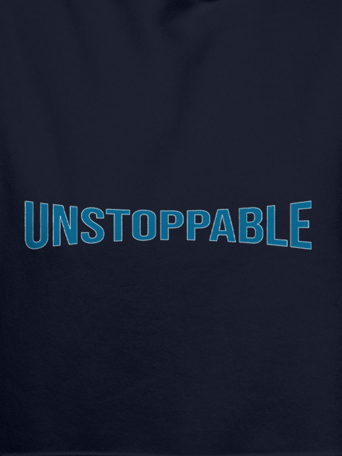 Close up of 'Unstoppable' design on Men's Navy Blue Hoodie Sweatshirt, highlighting intricate details and vibrant print.