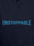 Close up of 'Unstoppable' design on Men's Navy Blue Hoodie Sweatshirt, highlighting intricate details and vibrant print.