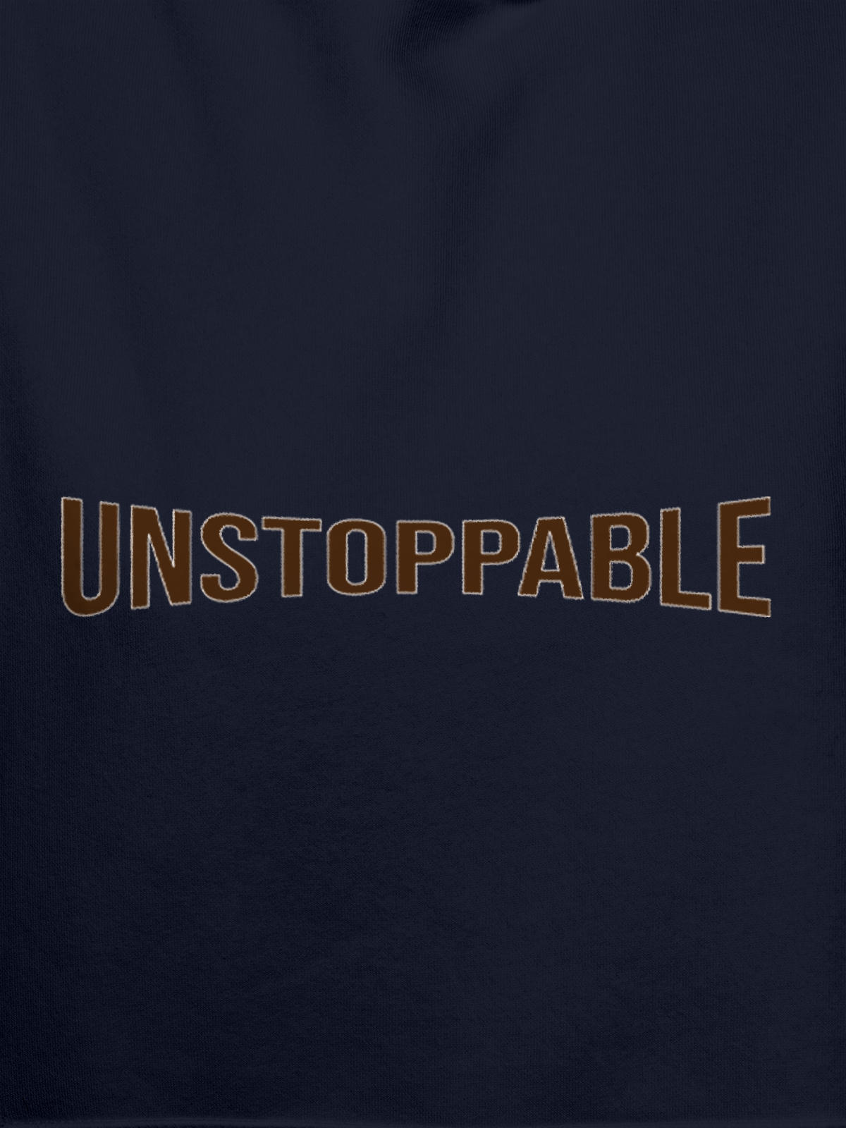 Close up of 'Unstoppable' design on Men's Navy Blue Hoodie Sweatshirt, highlighting intricate details and vibrant print.