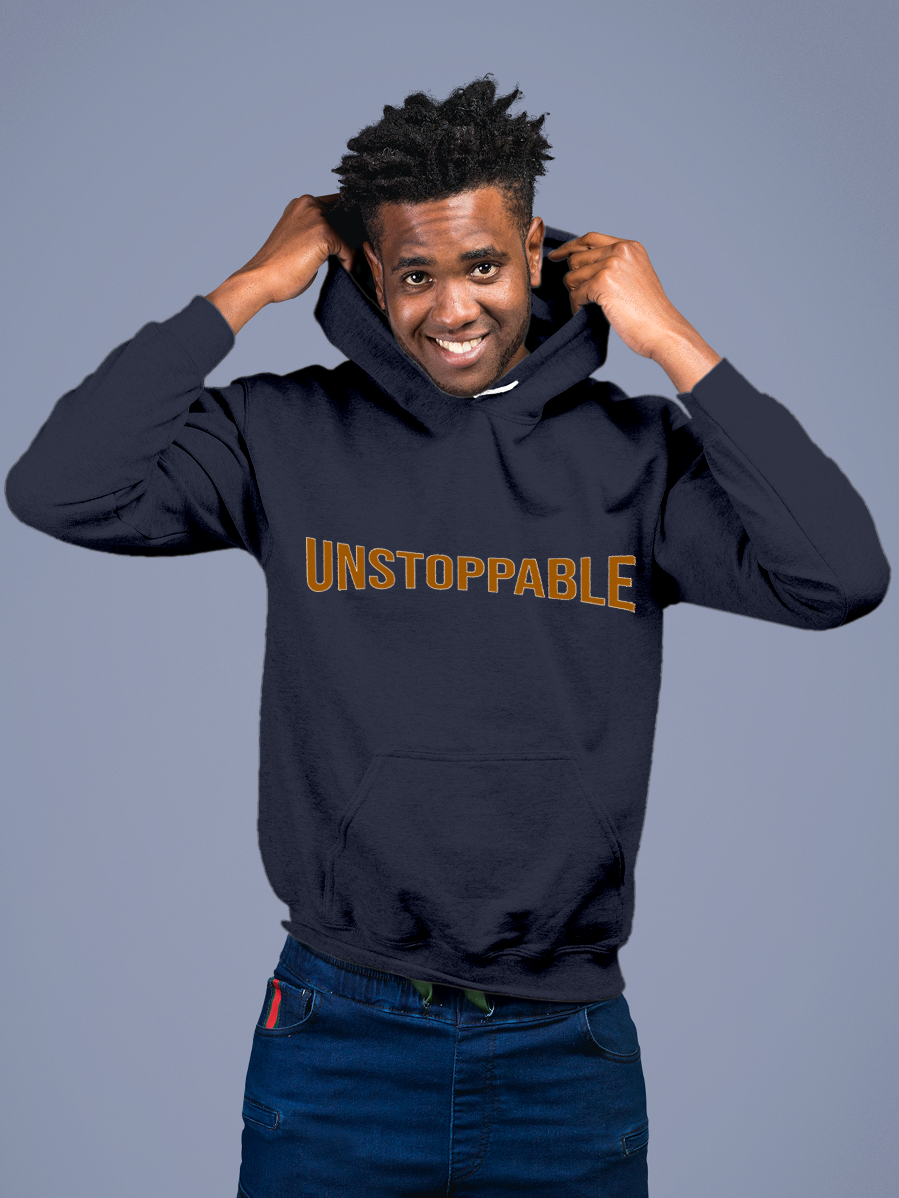 Model wearing Men's Navy Blue Hoodie Sweatshirt with 'Unstoppable' design, offering effortless style and premium comfort