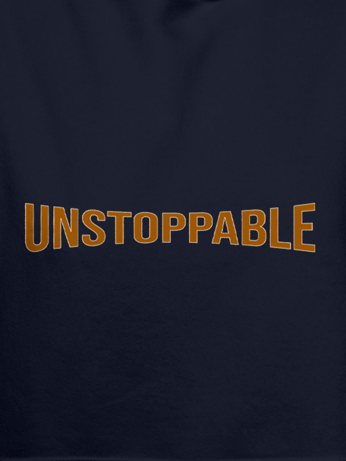 Close up of 'Unstoppable' design on Men's Navy Blue Hoodie Sweatshirt, highlighting intricate details and vibrant print.