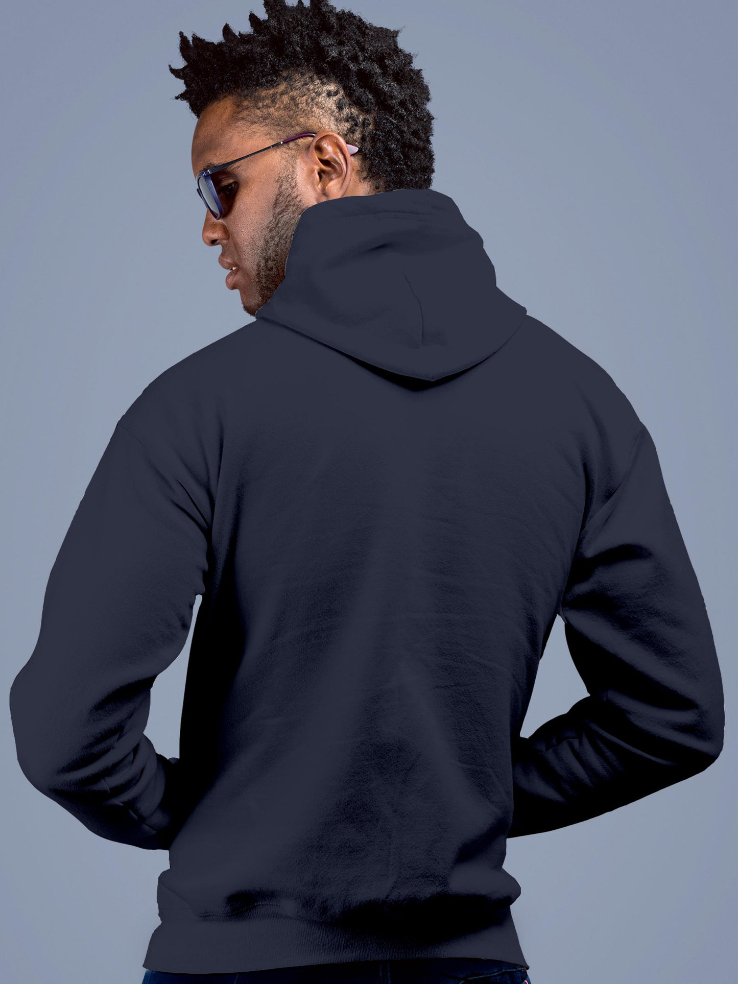 Back view of Fighterhero Men's Navy Blue Hoodie Sweatshirt, highlighting the modern look and clean finish