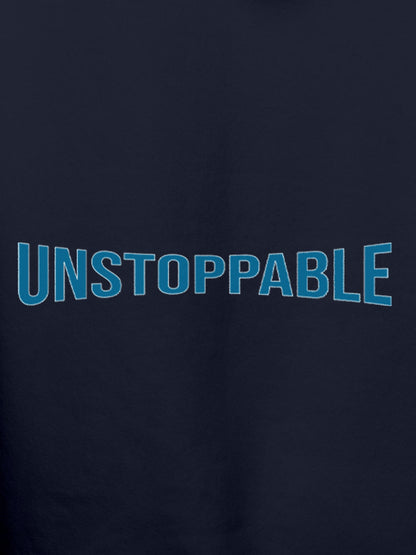 Close up of 'Unstoppable' design on Women's Navy Blue Hoodie Sweatshirt, highlighting intricate details and vibrant print.