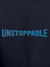 Close up of 'Unstoppable' design on Women's Navy Blue Hoodie Sweatshirt, highlighting intricate details and vibrant print.