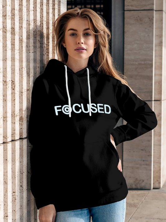 Fighterhero Hoodie Collection: Model wearing Women's Black Hoodie Sweatshirt with 'Focused' design