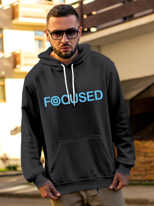 Fighterhero Hoodie Collection: Model wearing Men's Charcoal Grey Hoodie Sweatshirt with 'Focused' design