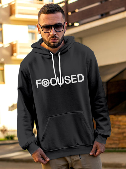 Model wearing Men's Dark Grey Hoodie Sweatshirt with 'Focused' design, offering effortless style and premium comfort
