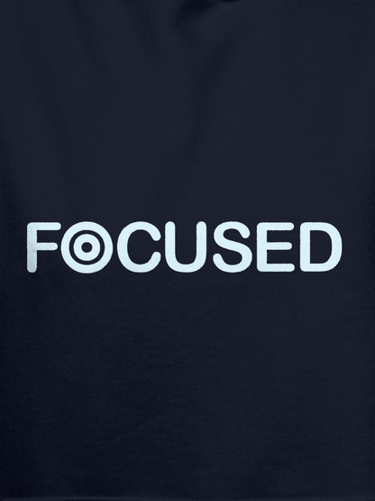 Close up of 'Focused' design on Men's Navy Blue Hoodie Sweatshirt, highlighting intricate details and vibrant print.