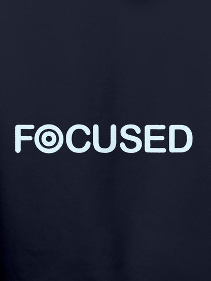 Close up of 'Focused' design on Women's Navy Blue Hoodie Sweatshirt, highlighting intricate details and vibrant print.