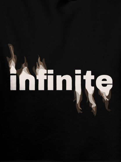 Close up of 'Infinite' design on Women's Black Hoodie Sweatshirt, highlighting intricate details and vibrant print.