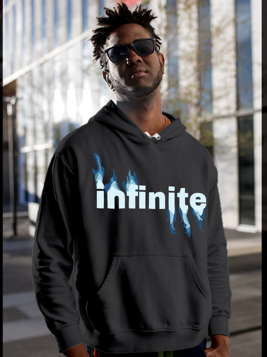 Fighterhero Hoodie Collection: Model wearing Men's Charcoal Grey Hoodie Sweatshirt with 'Infinite' design
