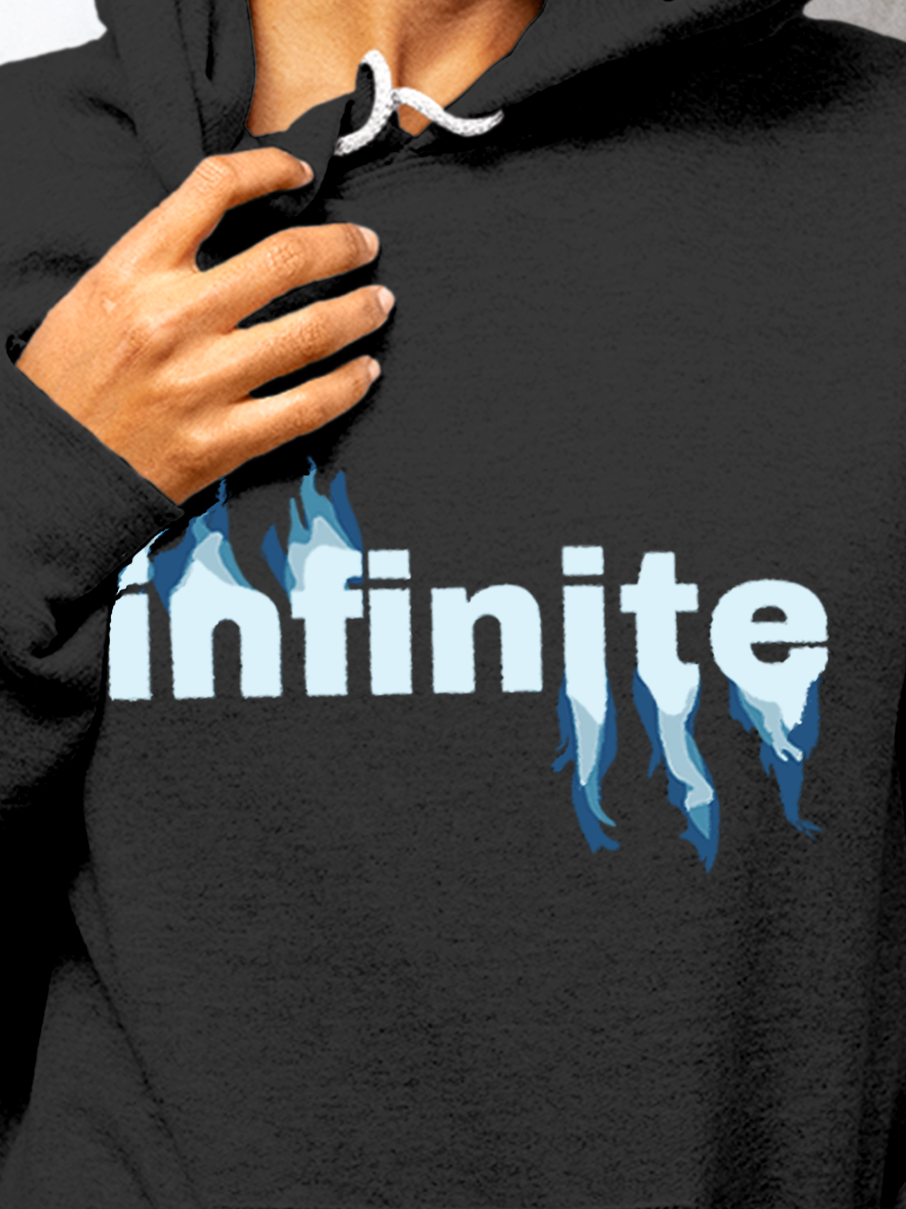 Close up of 'Infinite' design on Men's Charcoal Grey Hoodie Sweatshirt, highlighting intricate details and vibrant print.