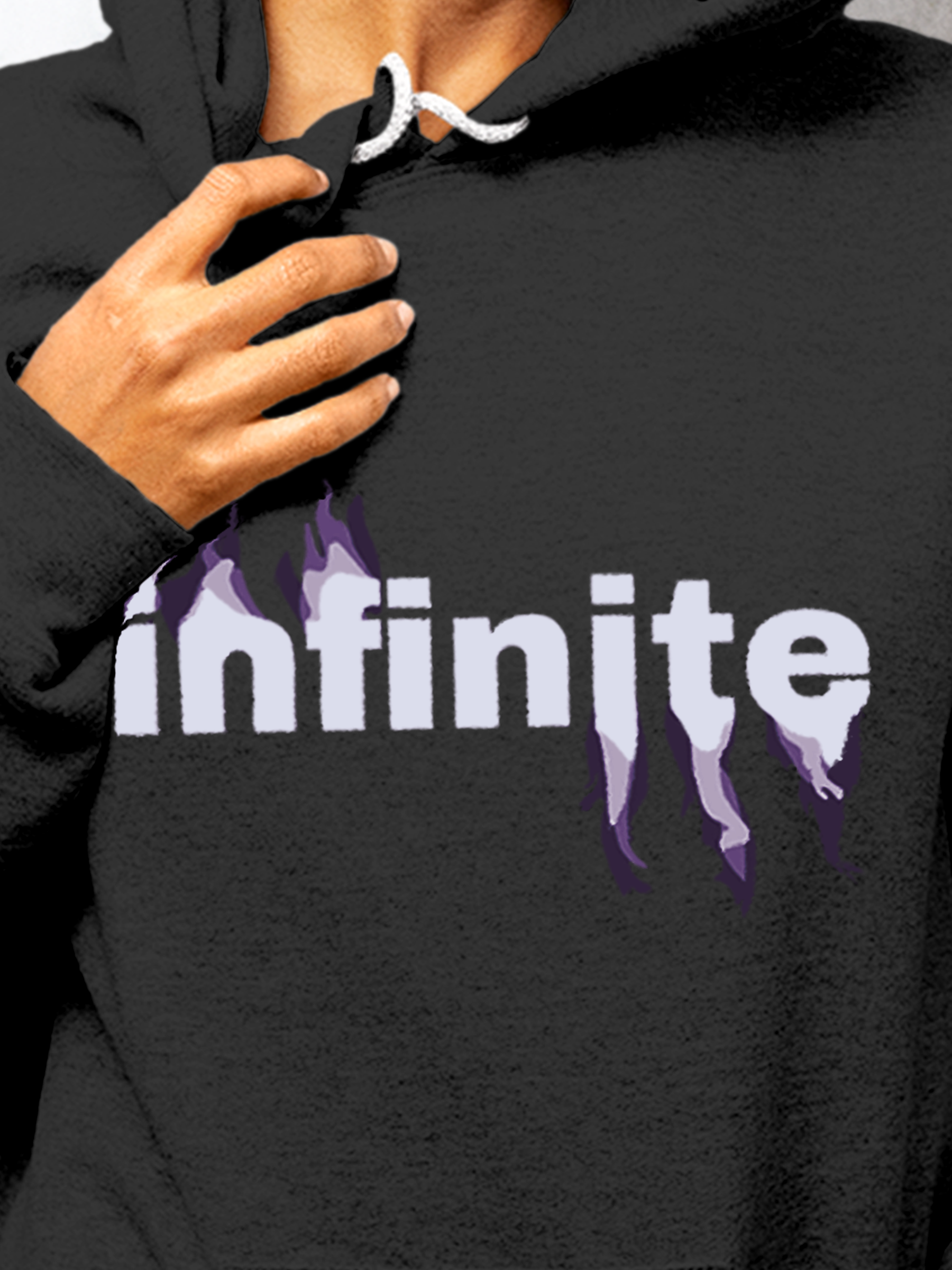 Close up of 'Infinite' design on Men's Charcoal Grey Hoodie Sweatshirt, highlighting intricate details and vibrant print.