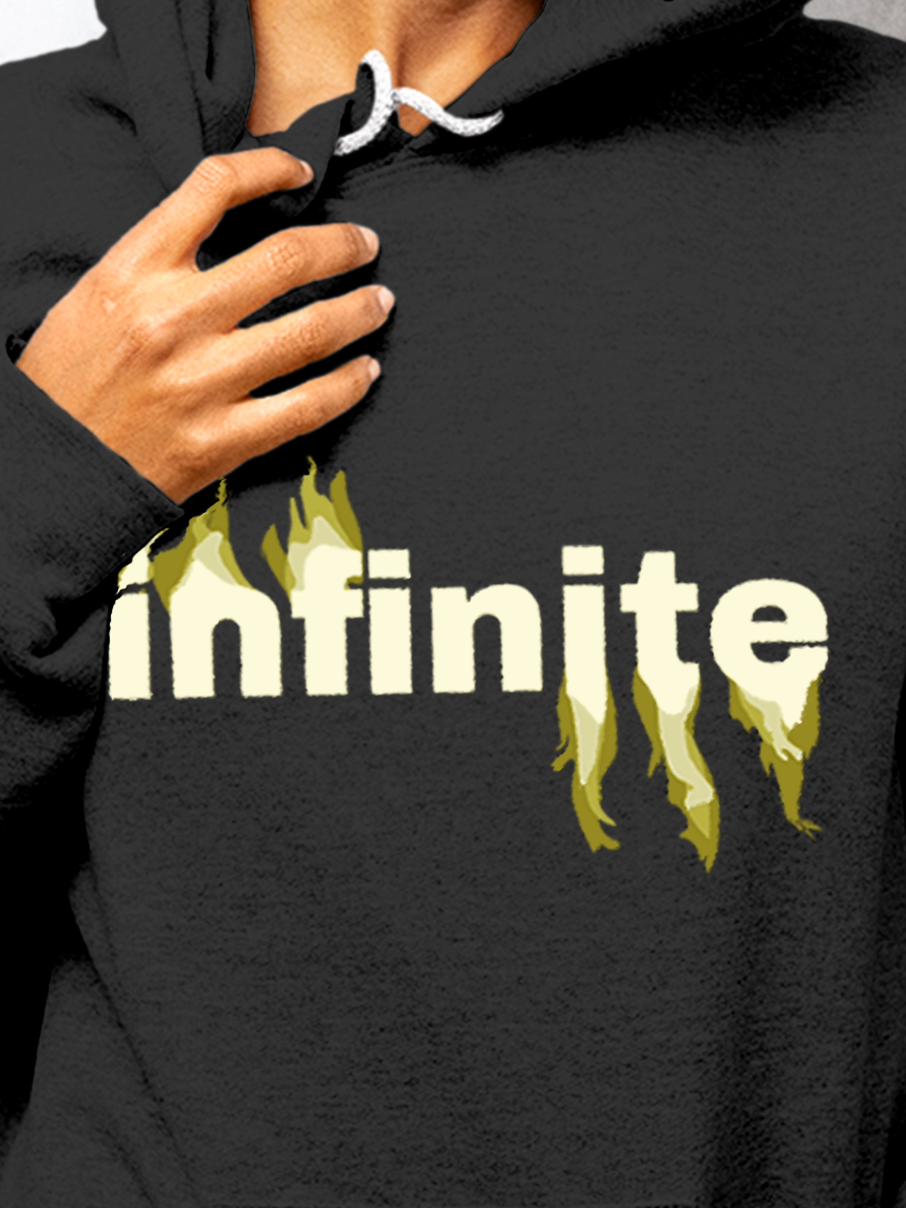 Close up of 'Infinite' design on Men's Charcoal Grey Hoodie Sweatshirt, highlighting intricate details and vibrant print.