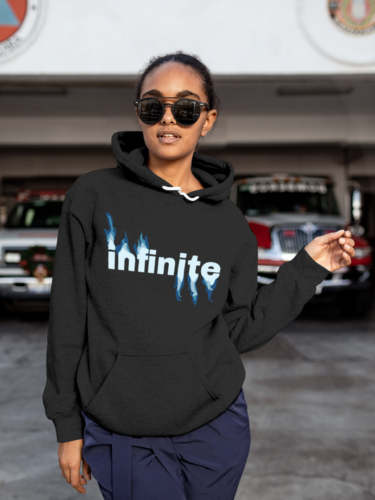 Fighterhero Hoodie Collection: Model wearing Women's Charcoal Grey Hoodie Sweatshirt with 'Infinite' design