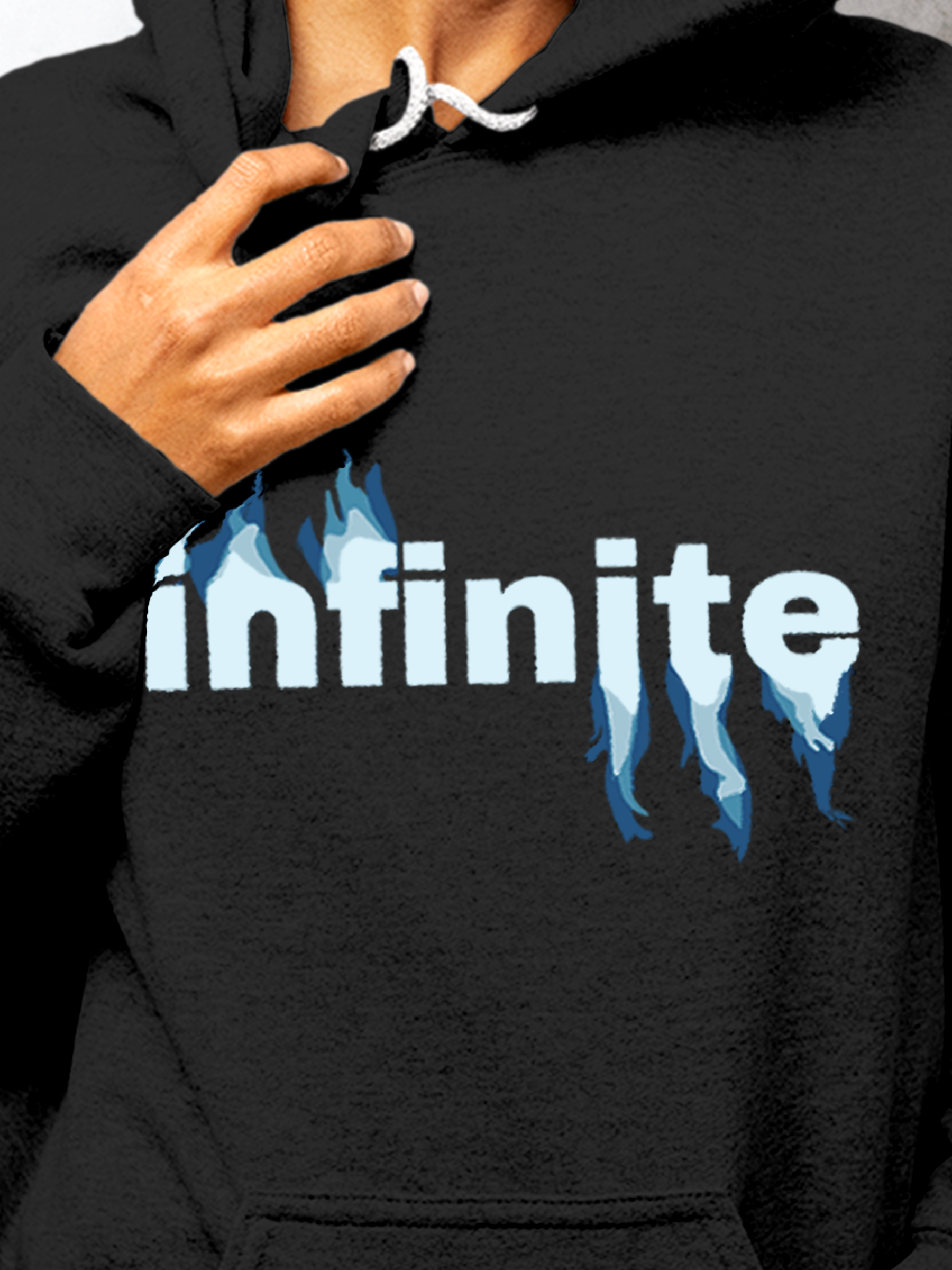 Close up of 'Infinite' design on Women's Charcoal Grey Hoodie Sweatshirt, highlighting intricate details and vibrant print.