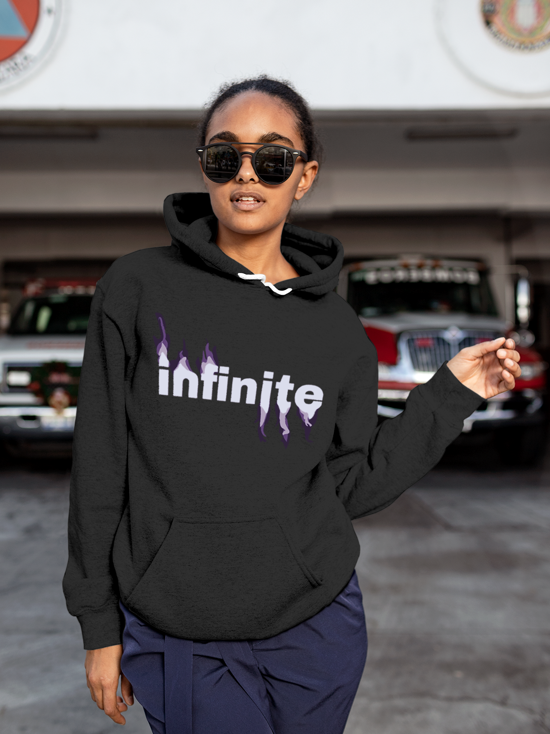 Model wearing Women's Charcoal Grey Hoodie Sweatshirt with 'Infinite' design, offering effortless style and premium comfort
