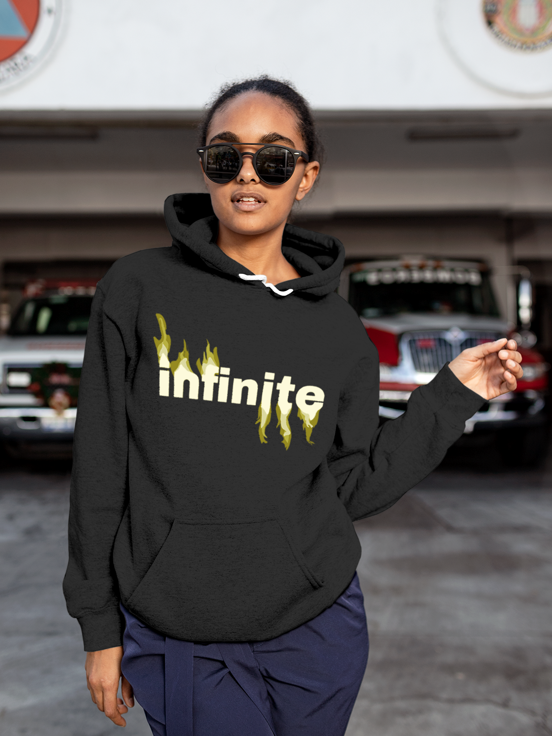 Model wearing Women's Charcoal Grey Hoodie Sweatshirt with 'Infinite' design, offering effortless style and premium comfort