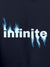 Close up of 'Infinite' design on Men's Navy Blue Hoodie Sweatshirt, highlighting intricate details and vibrant print.