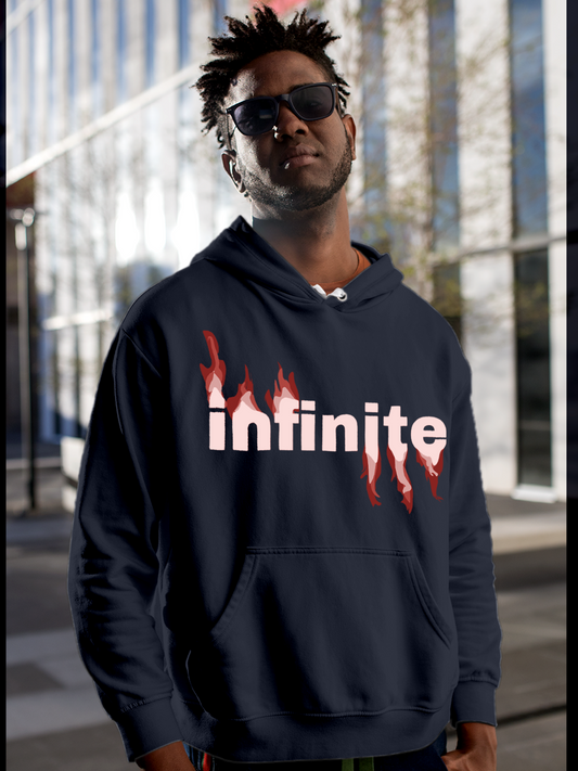 Fighterhero Hoodie Collection: Model wearing Men's Navy Blue Hoodie Sweatshirt with 'Infinite' design
