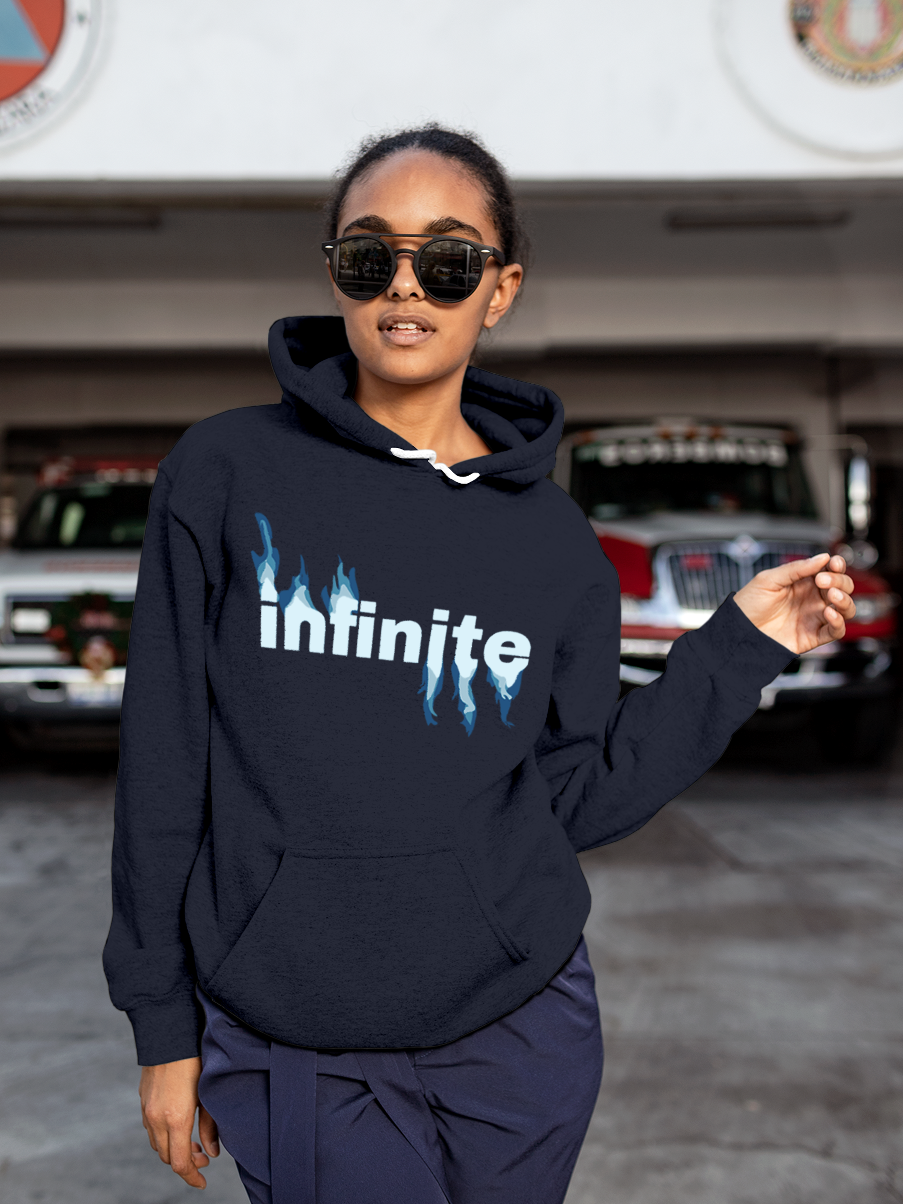 Model wearing Women's Navy Blue Hoodie Sweatshirt with 'Infinite' design, offering effortless style and premium comfort