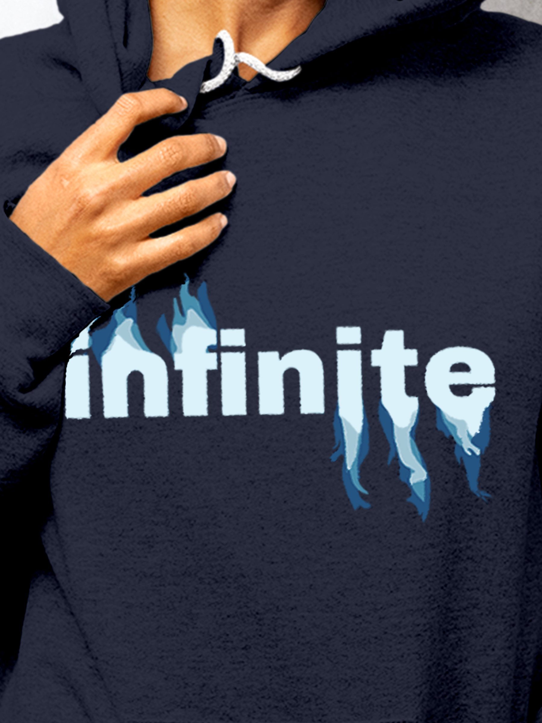 Close up of 'Infinite' design on Women's Navy Blue Hoodie Sweatshirt, highlighting intricate details and vibrant print.