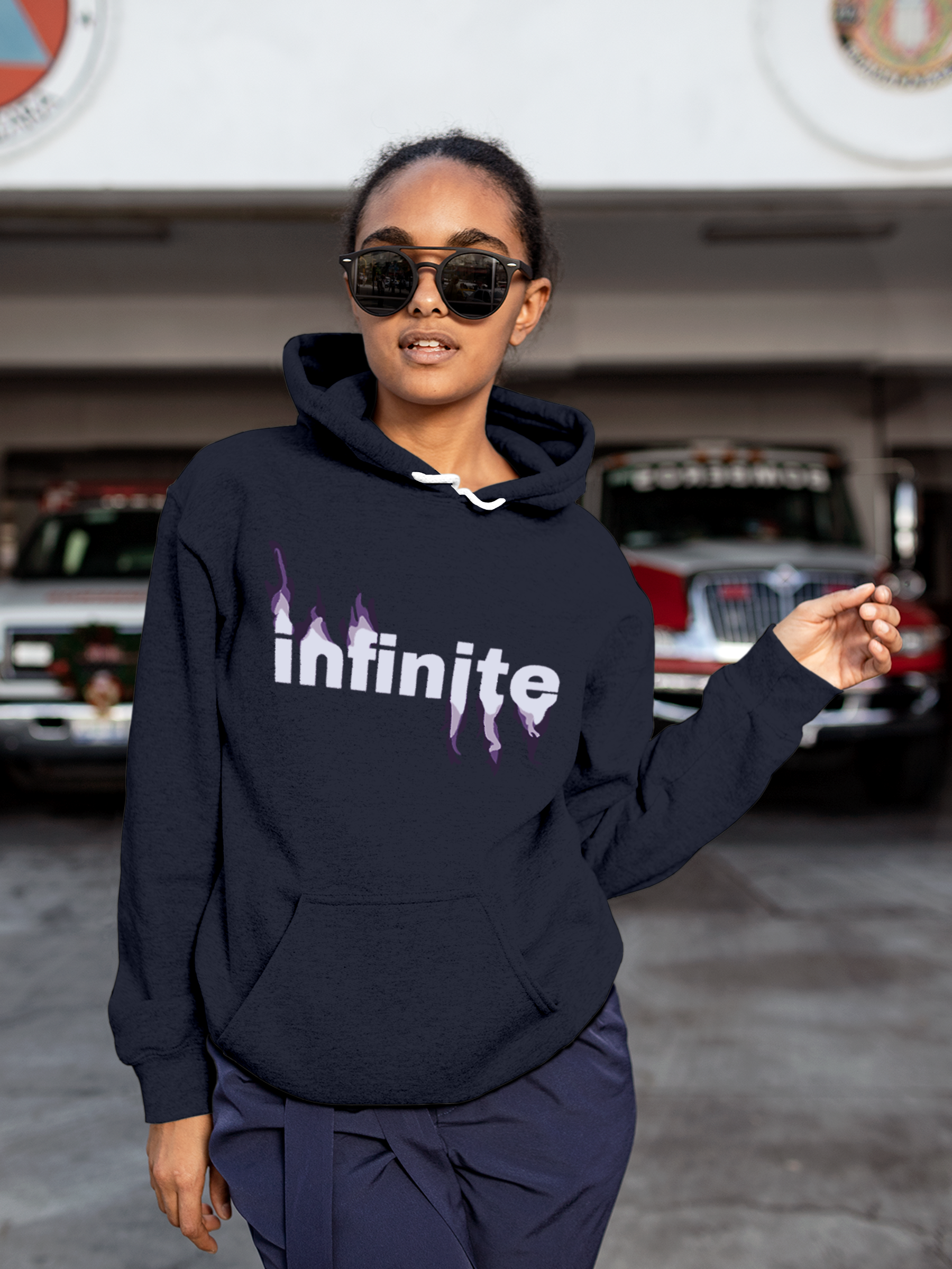 Model wearing Women's Navy Blue Hoodie Sweatshirt with 'Infinite' design, offering effortless style and premium comfort