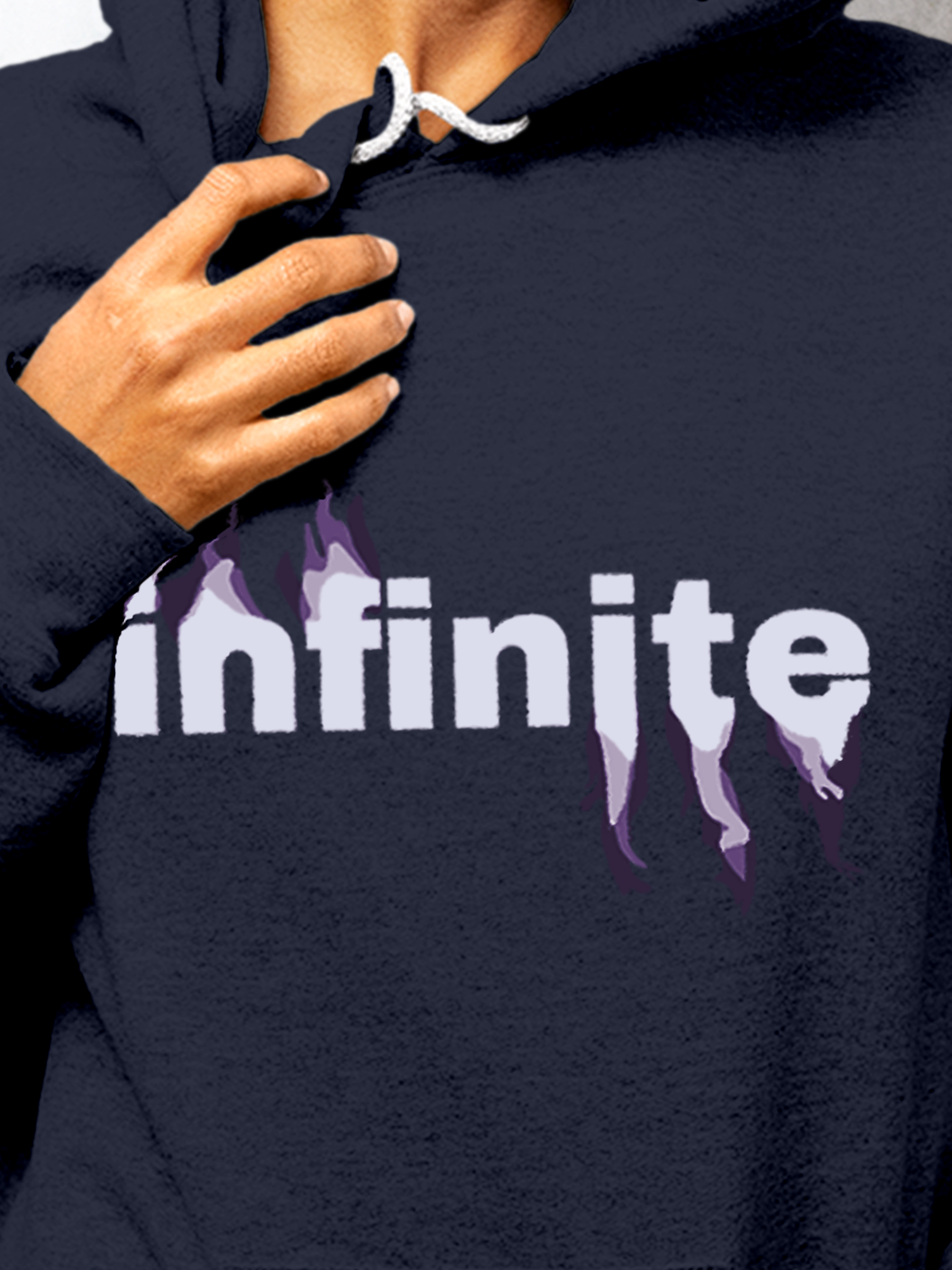 Close up of 'Infinite' design on Women's Navy Blue Hoodie Sweatshirt, highlighting intricate details and vibrant print.
